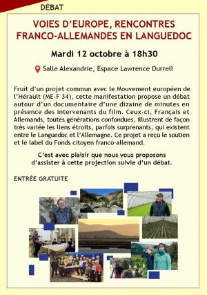 Projection et dbat Voies d'Europe, rencontres FRANCO-ALLEMANDES en Languedoc