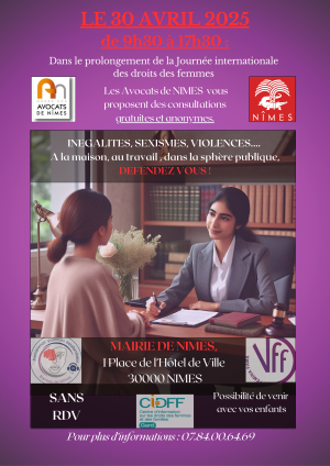 Mercredi 30 Avril - Permanence gratuite violences intra-familiales à Nîmes Mercredi 30 Avril - Permanence gratuite violences intra-familiales à Nîmes