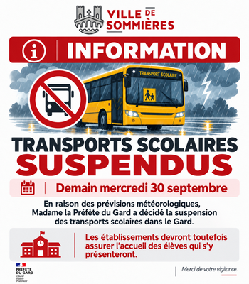 TRANSPORTS SCOLAIRES SUSPENDUS - MERCREDI 30 SEPTEMBRE